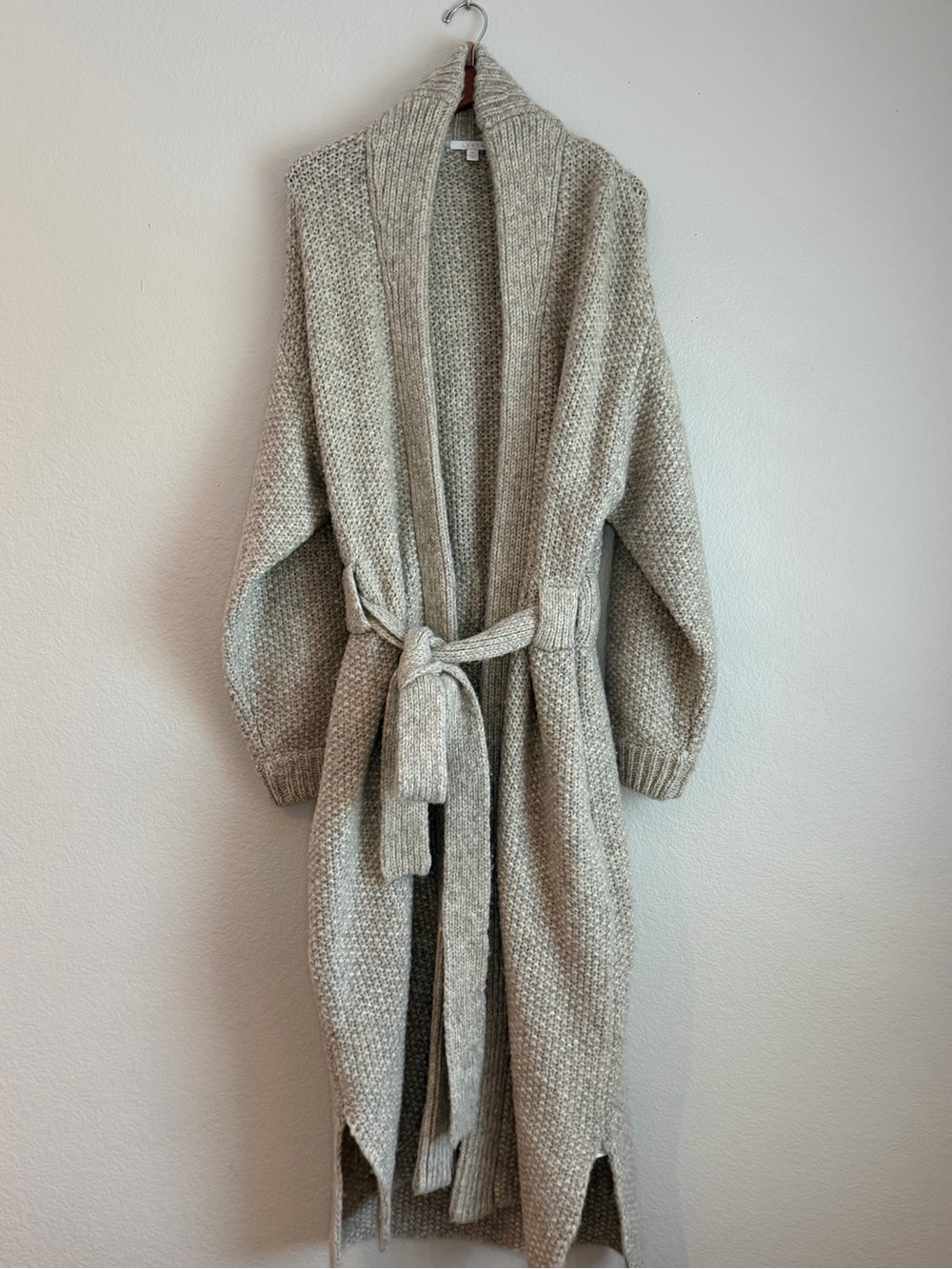 LUNYA Chunky Wool Knit Robe Cardigan M Belted Long Coatigan Soothing Grey - Picture 6 of 10